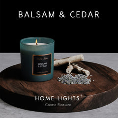 Natural soy wax candle with woodsy balsam cedar scent