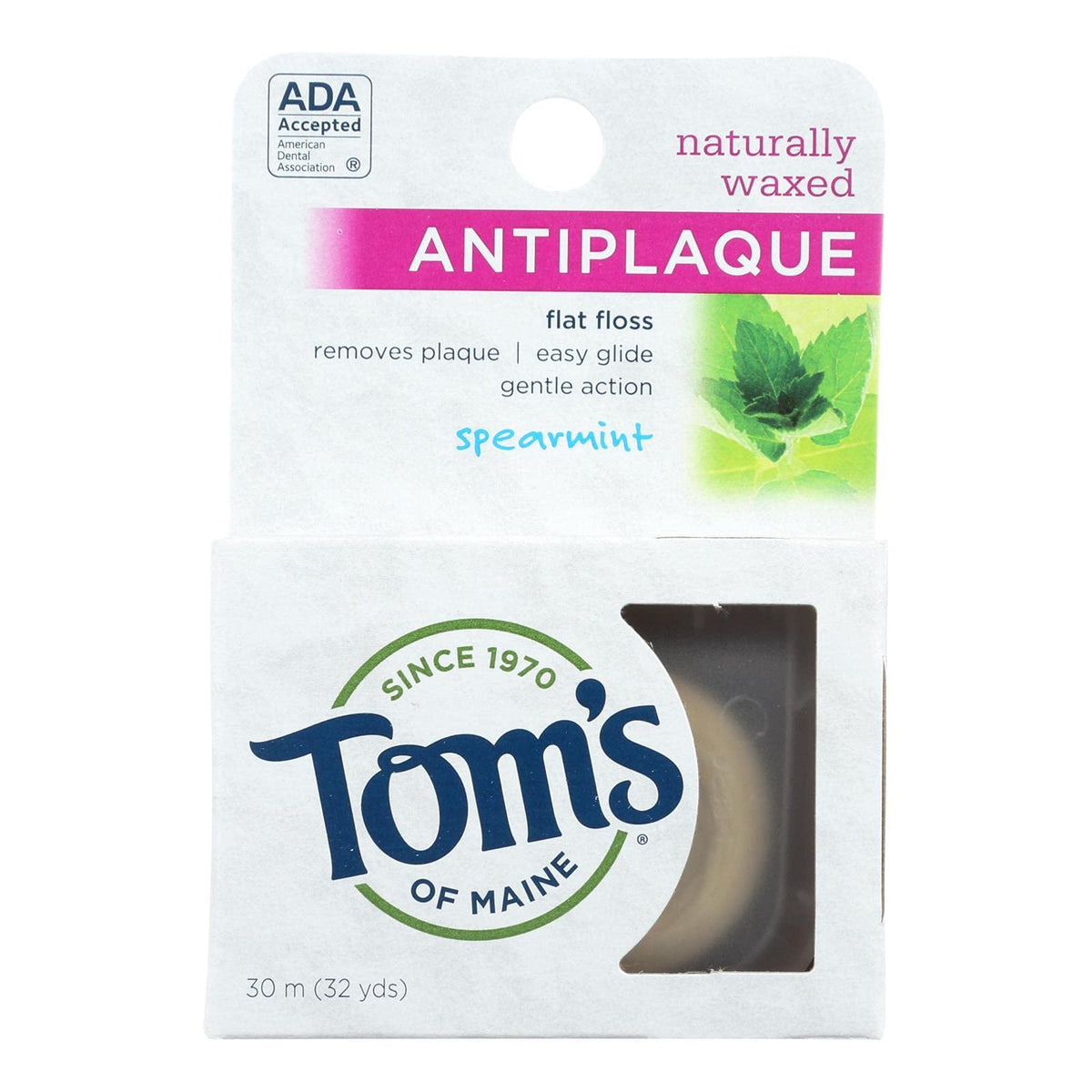 Packaging of Natural Spearmint Antiplaque Flat Dental Floss 32 yards, 6 per case