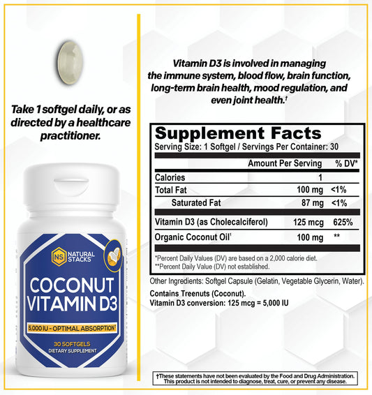 D3 5000 IU capsules with coconut oil for enhanced absorption