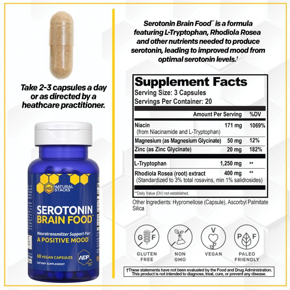Natural Stacks Serotonin capsules close-up showing 1250 mg L-Tryptophan per serving.