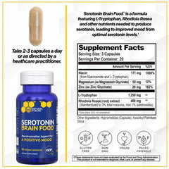 Natural Stacks Serotonin capsules close-up showing 1250 mg L-Tryptophan per serving.