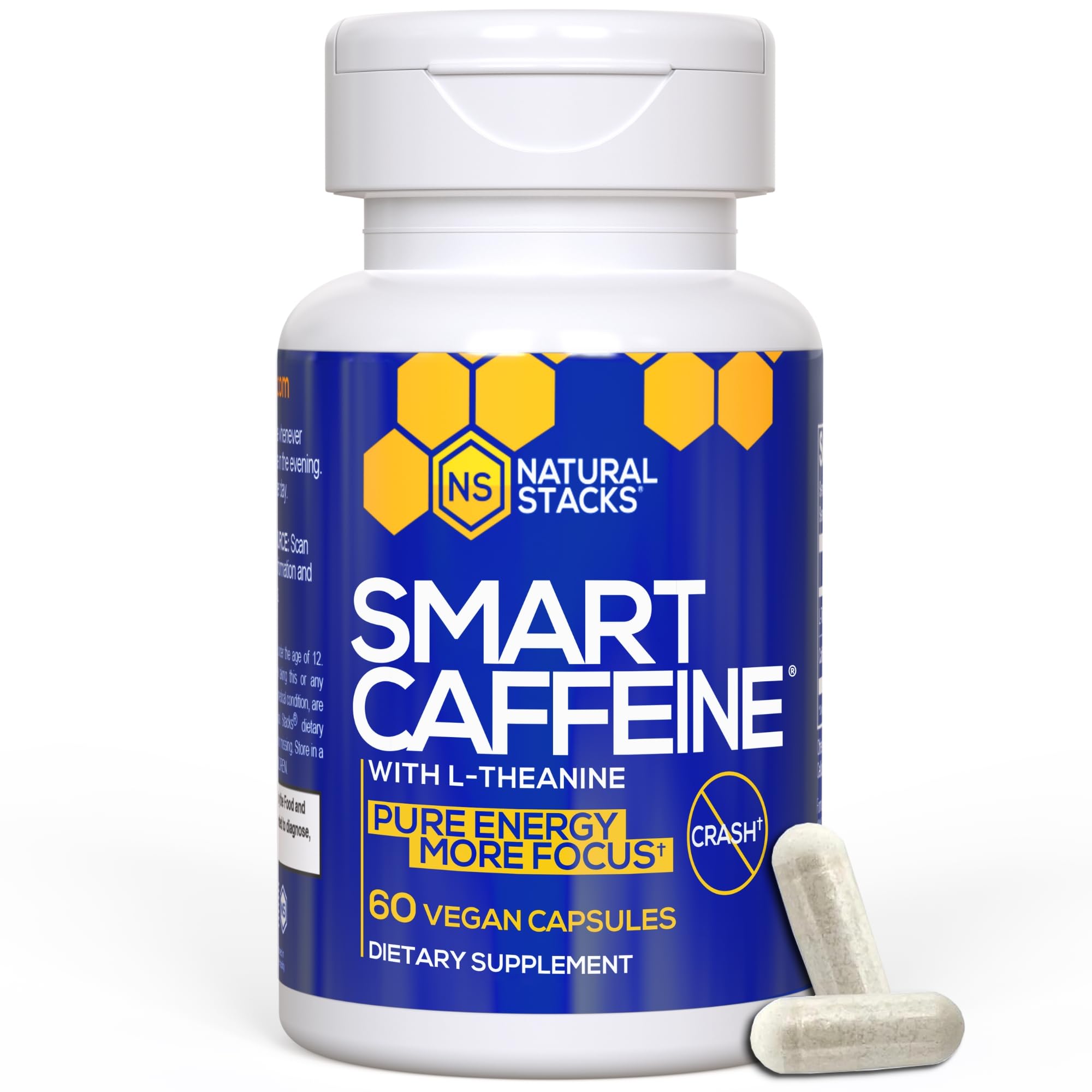 NATURAL STACKS Smart Caffeine Pills bottle on white background