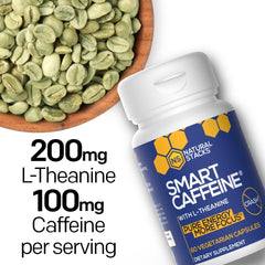 Supplement facts label showing 100 mg caffeine and 200 mg L-Theanine