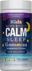 Bottle of Natural Vitality CALM Kids Sleep Gummies in Nighttime Berry flavor, 120 gummies