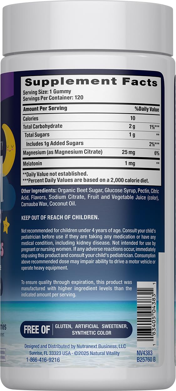 Ingredients: magnesium citrate, melatonin and L-theanine in kid-friendly gummies