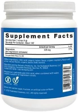 Calm Magnesium Citrate Powder bottle and packaging Raspberry Lemon flavor 20 oz