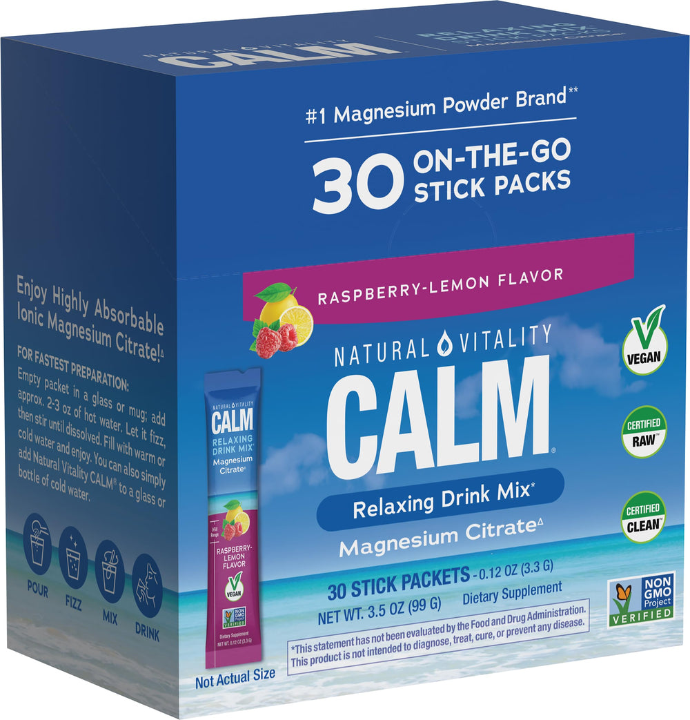 Natural Vitality CALM magnesium drink mix Raspberry Lemon 30 single-serve packets