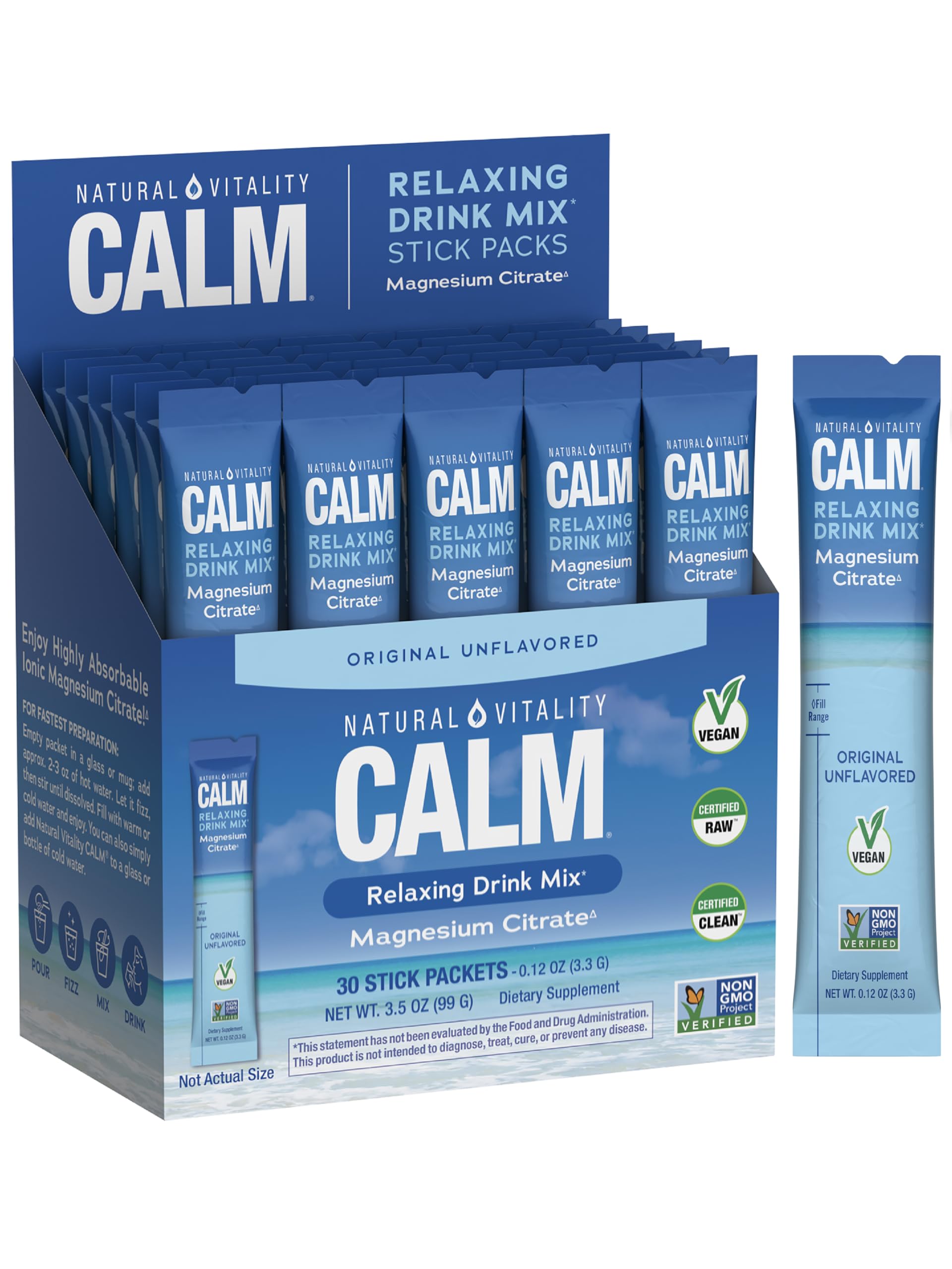 Front packaging of Natural Vitality Calm Magnesium Powder – unflavored, 30 packets