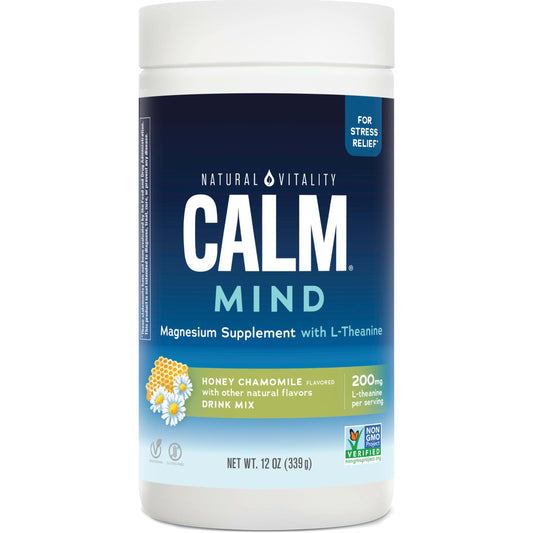 Front view of Natural Vitality CALM Mind magnesium drink mix bottle