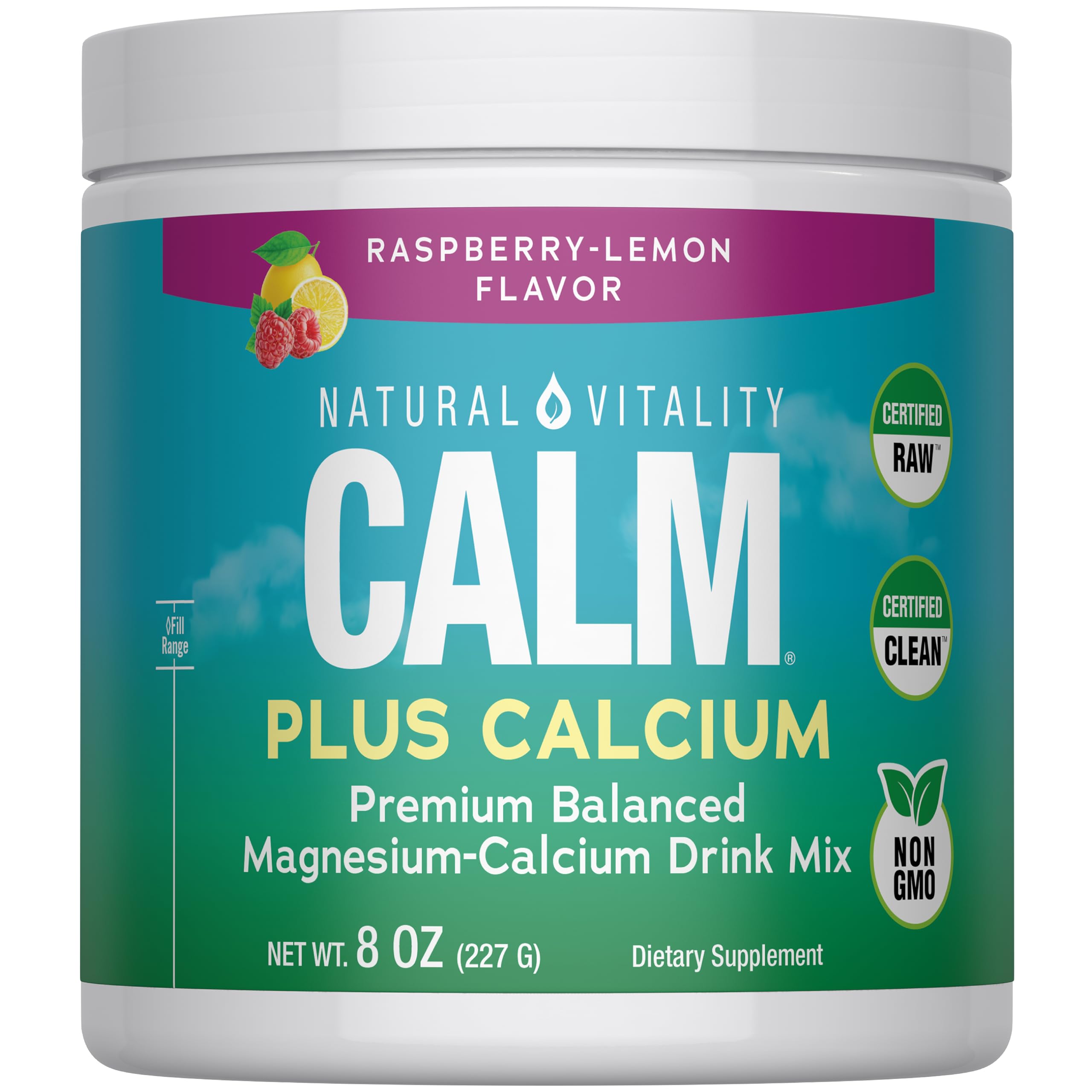 8 oz bottle of Natural Vitality CALM Raspberry Lemon magnesium and calcium drink mix