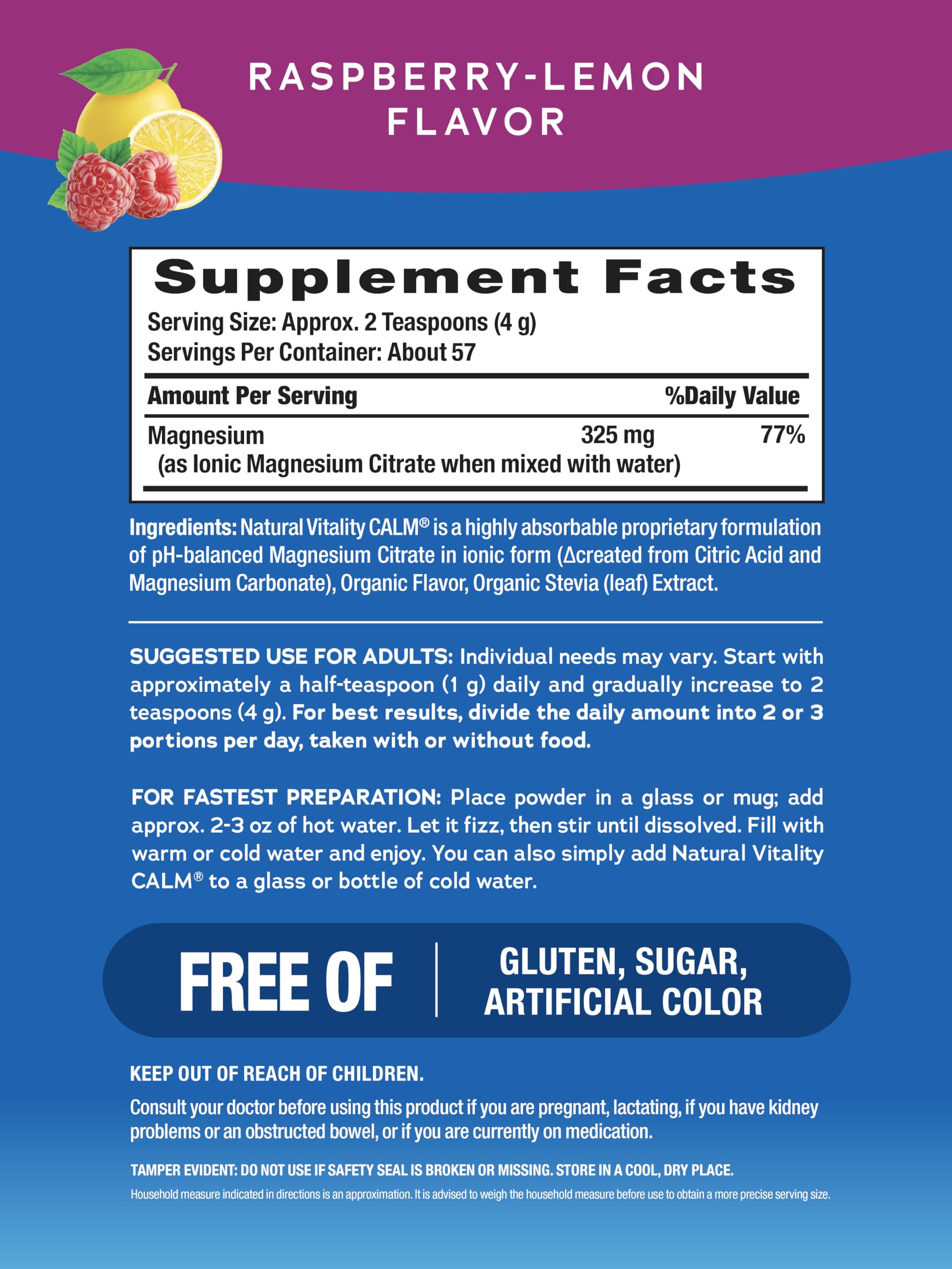 NATURAL VITALITY Raspberry Lemon Calm Magnesium Drink Mix 8 oz packaging