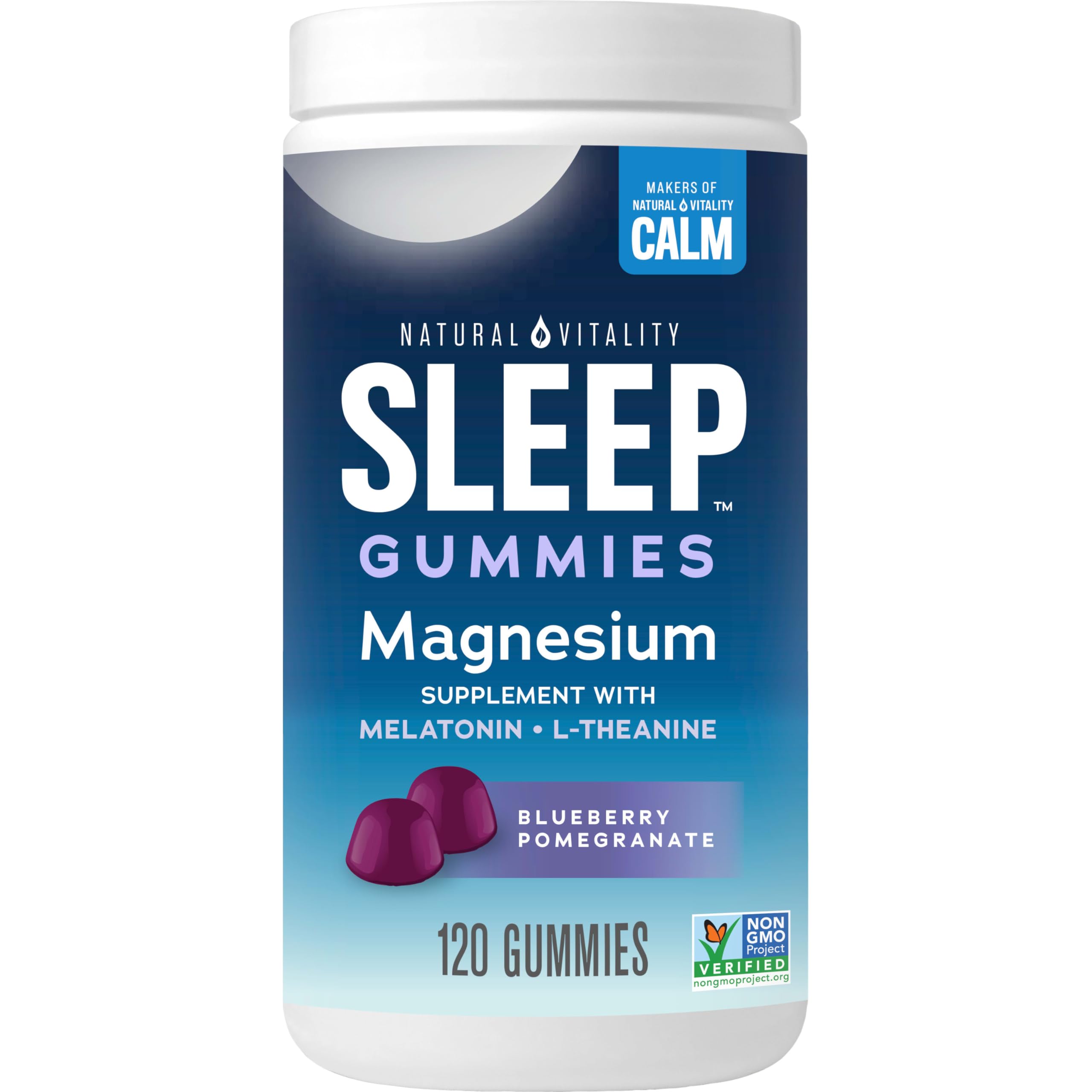 Front view of Natural Vitality SLEEP Gummies bottle - Blueberry Pomegranate 120 Count