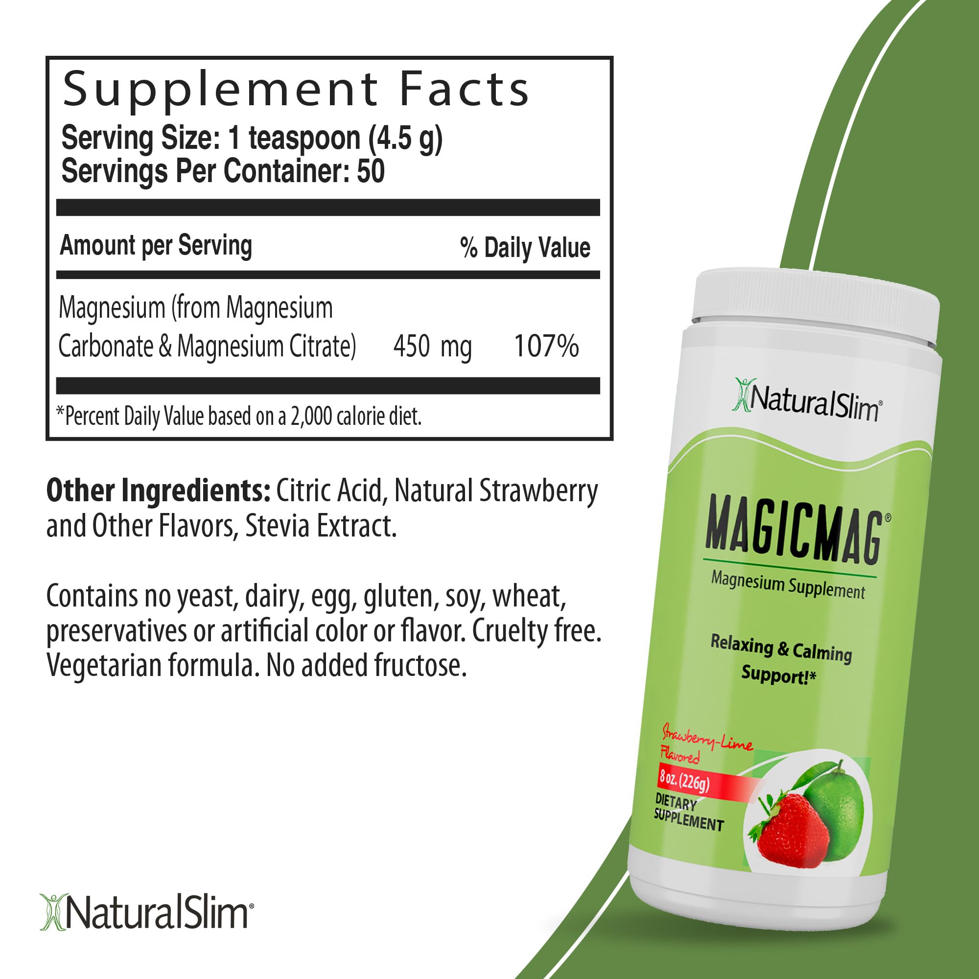 Back nutrition panel of NaturalSlim MagicMag magnesium powder 8oz 3-pack