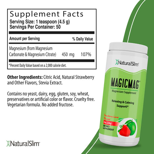 Back nutrition panel of NaturalSlim MagicMag magnesium powder 8oz 3-pack