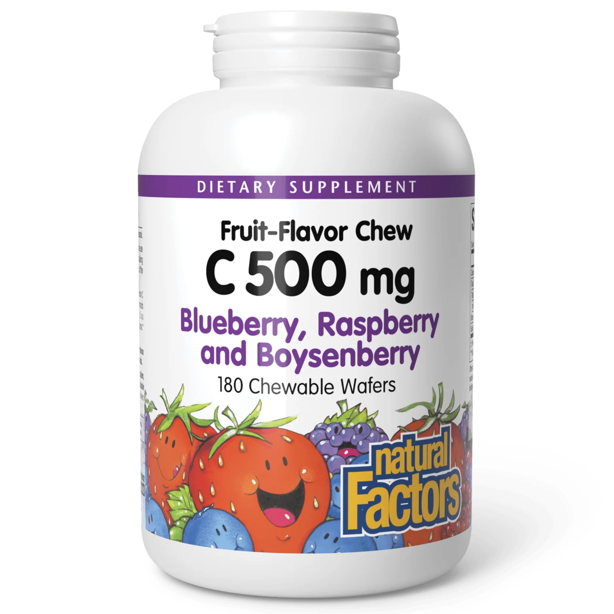 Bottle packaging featuring Natural Factors Kids Vitamin C 500 mg chewables with blueberry, raspberry and boysenberry imagery