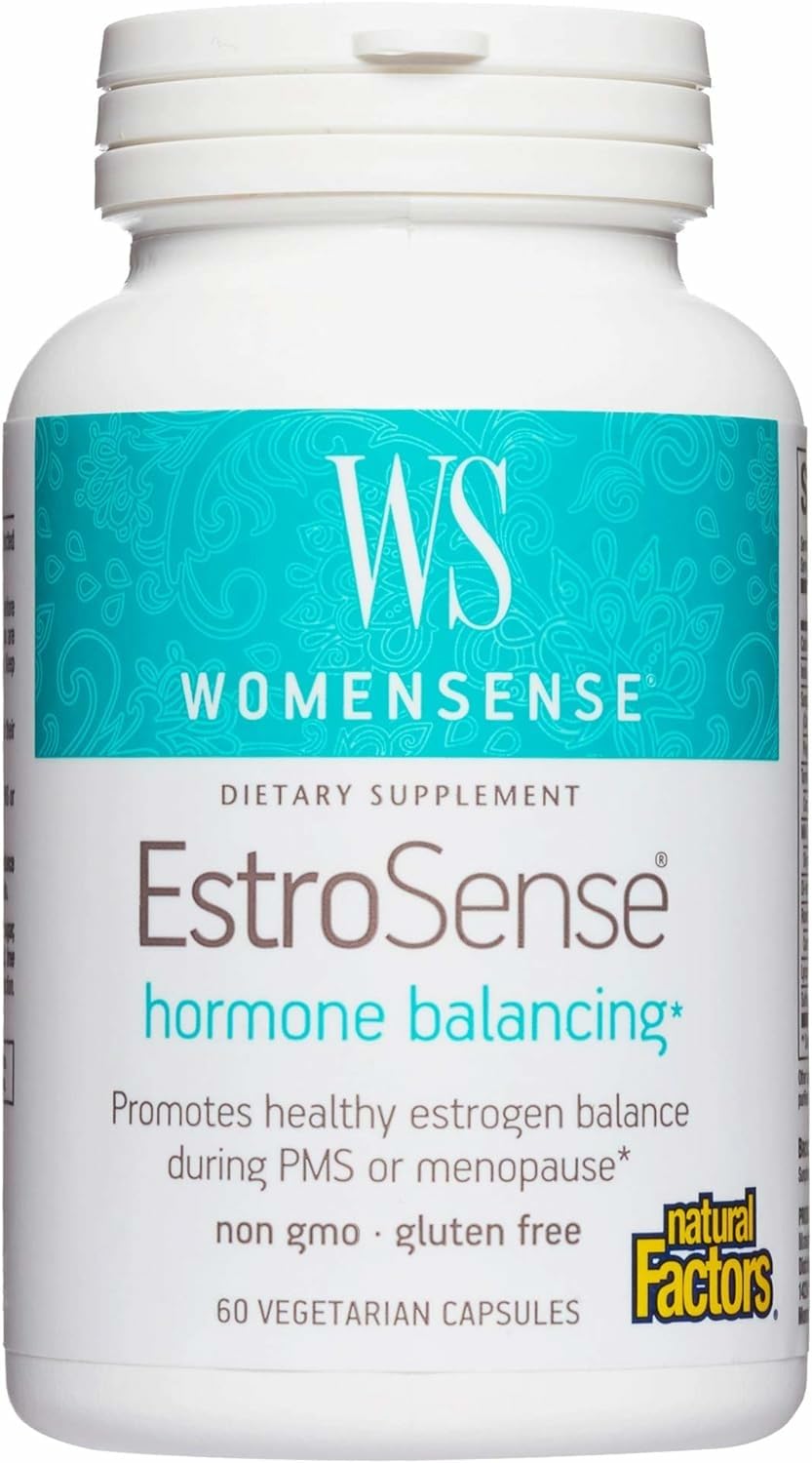 Natural Factors EstroSense bottle front highlights vegan and non-GMO hormone balance.