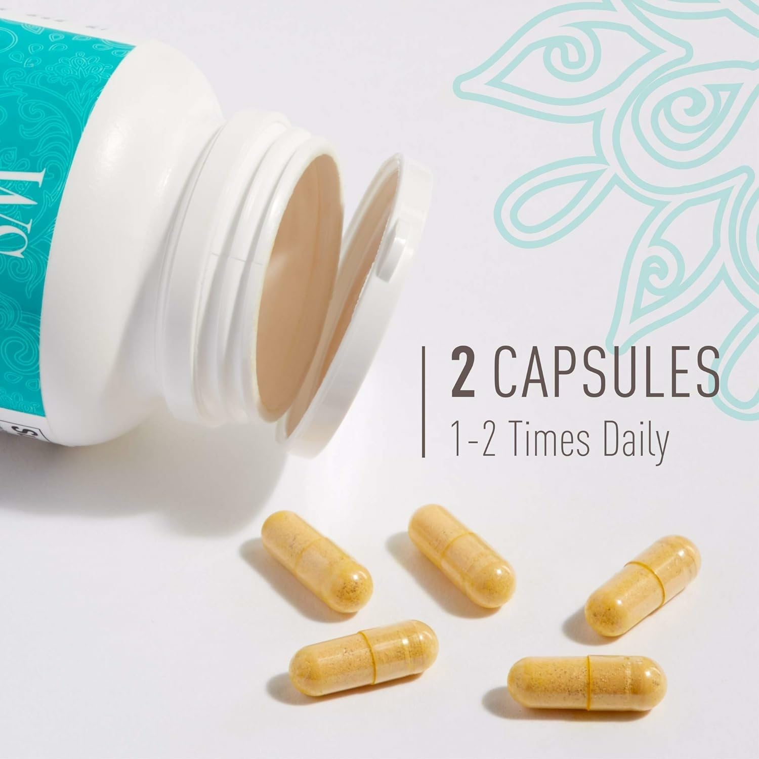 Natural Factors EstroSense bottle pour demonstrates taking two capsules with meals.