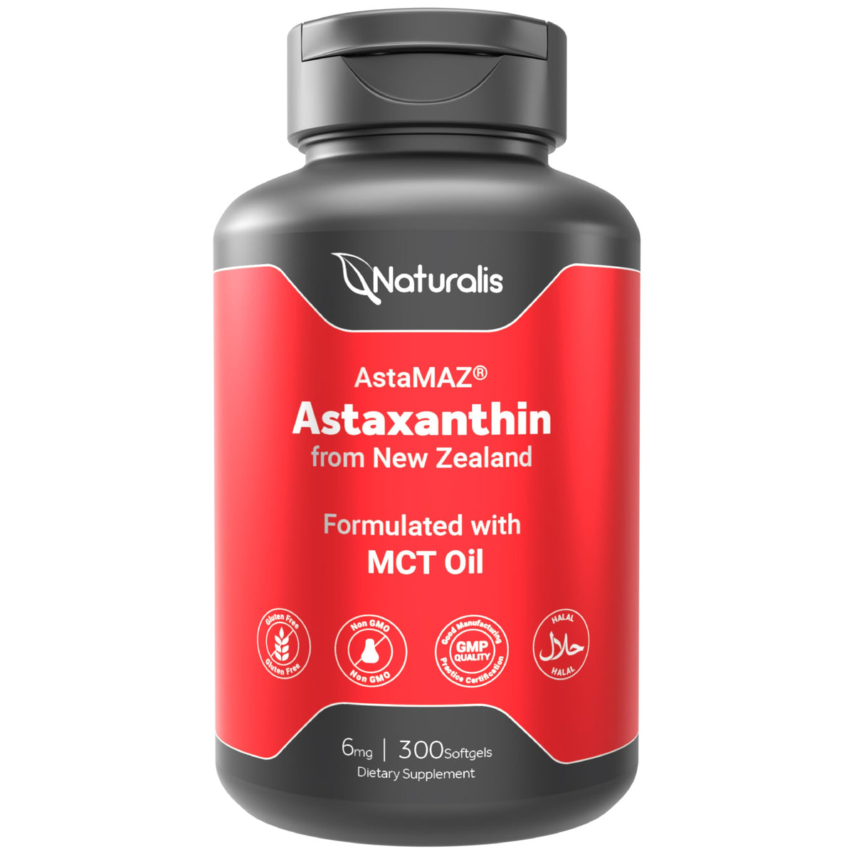 Naturalis Astaxanthin bottle with label showing 6 mg per softgel
