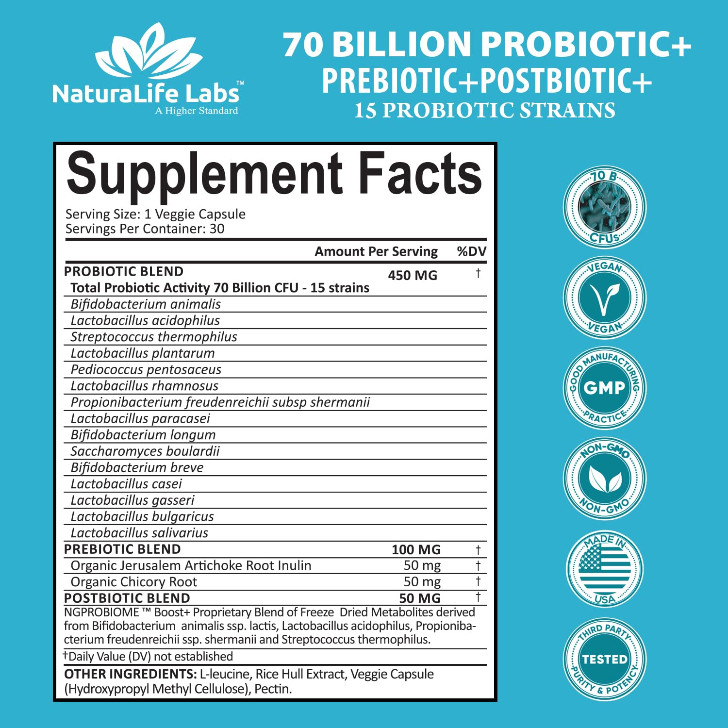NaturaLife Probiotics label close-up showing 70B CFU