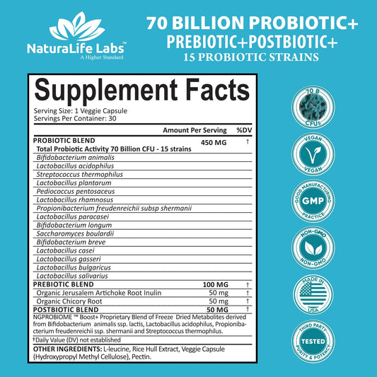 NaturaLife Probiotics label close-up showing 70B CFU
