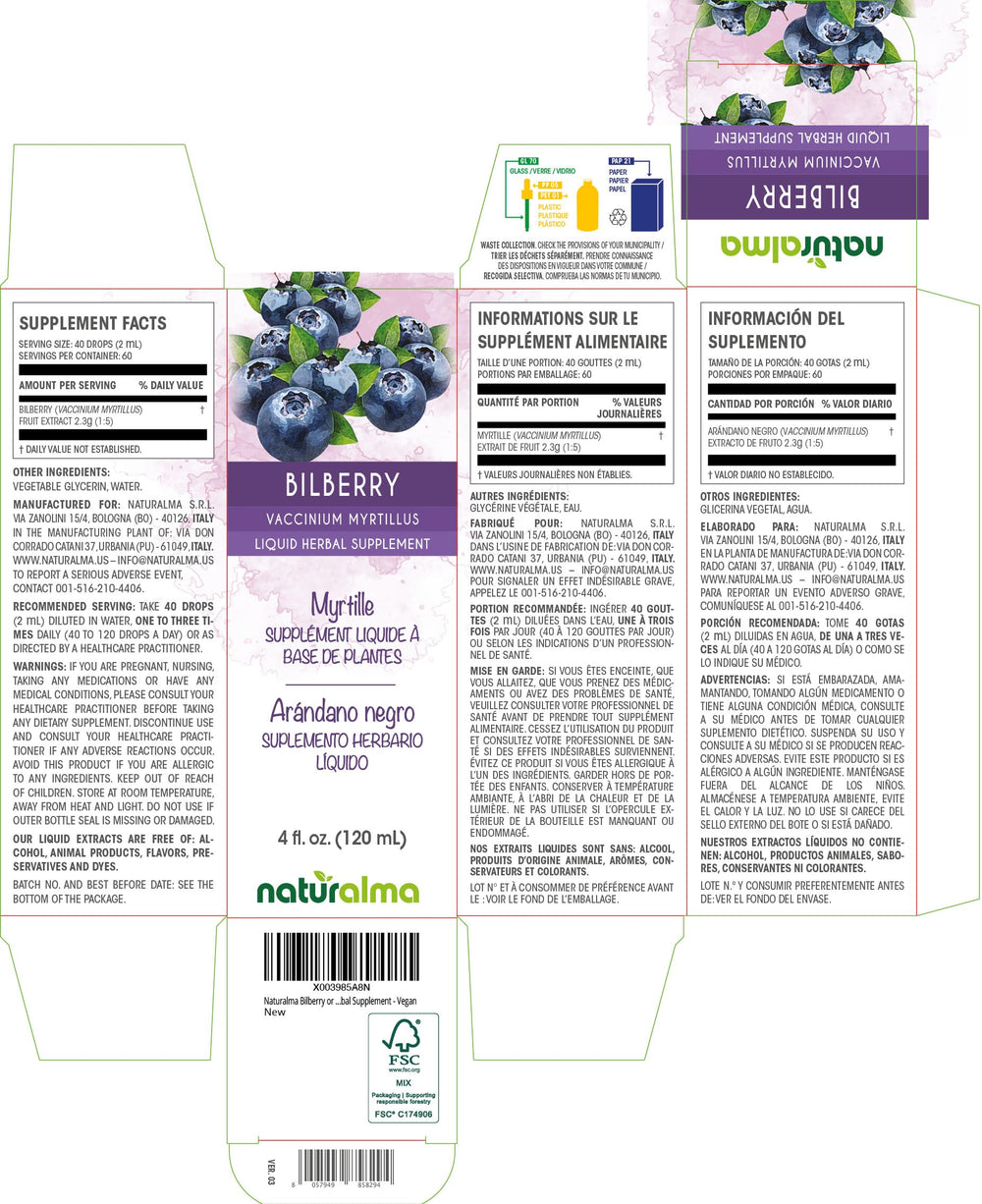 Close-up of Naturalma Bilberry Tincture label