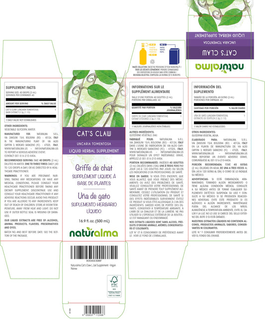 Side view of Naturalma Cat's Claw Bark Tincture bottle 500ml