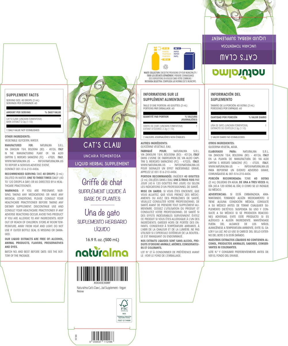 Close-up of Cat's Claw bark tincture bottle label