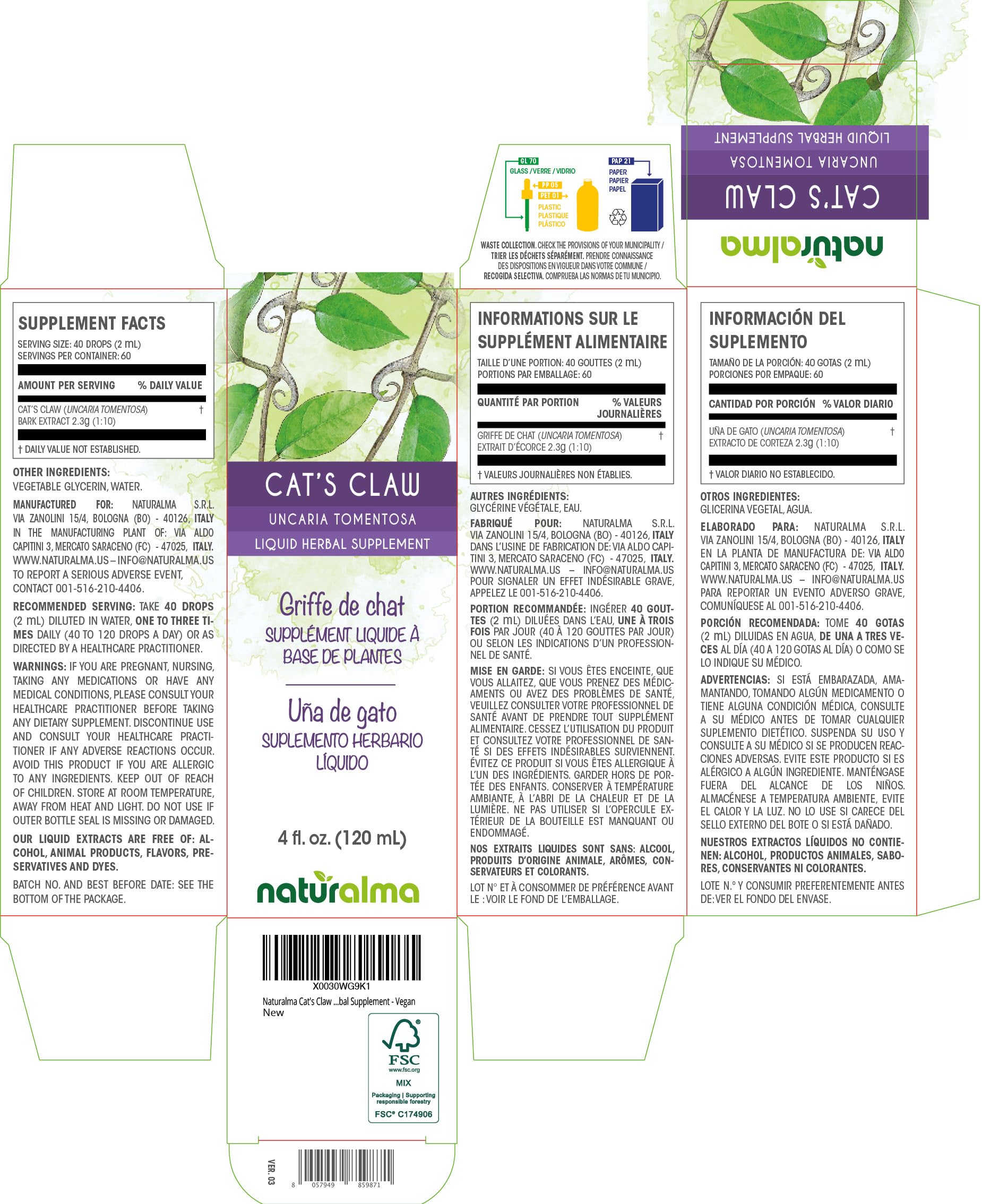 Close-up of Naturalma Cat's Claw tincture bottle label
