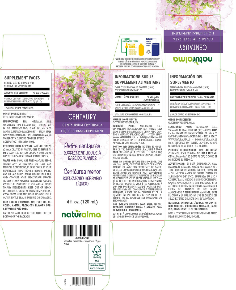 Front view of Naturalma Centaury tincture bottle 4 fl oz