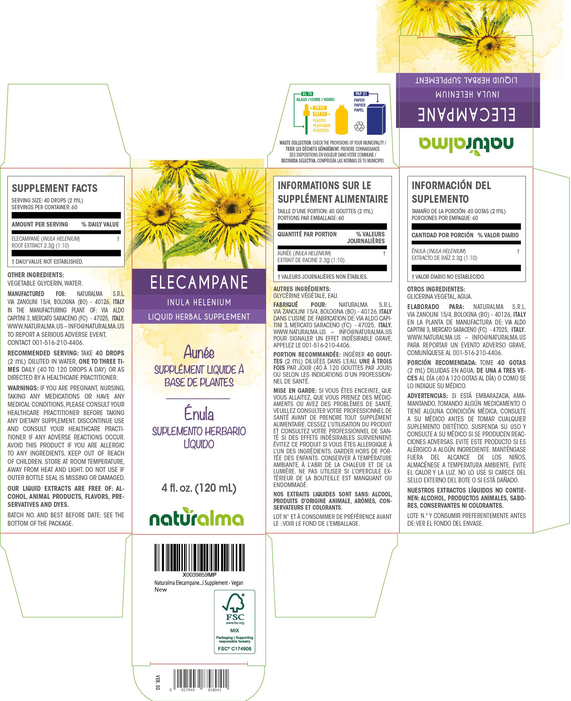 Close-up of Elecampane tincture bottle label