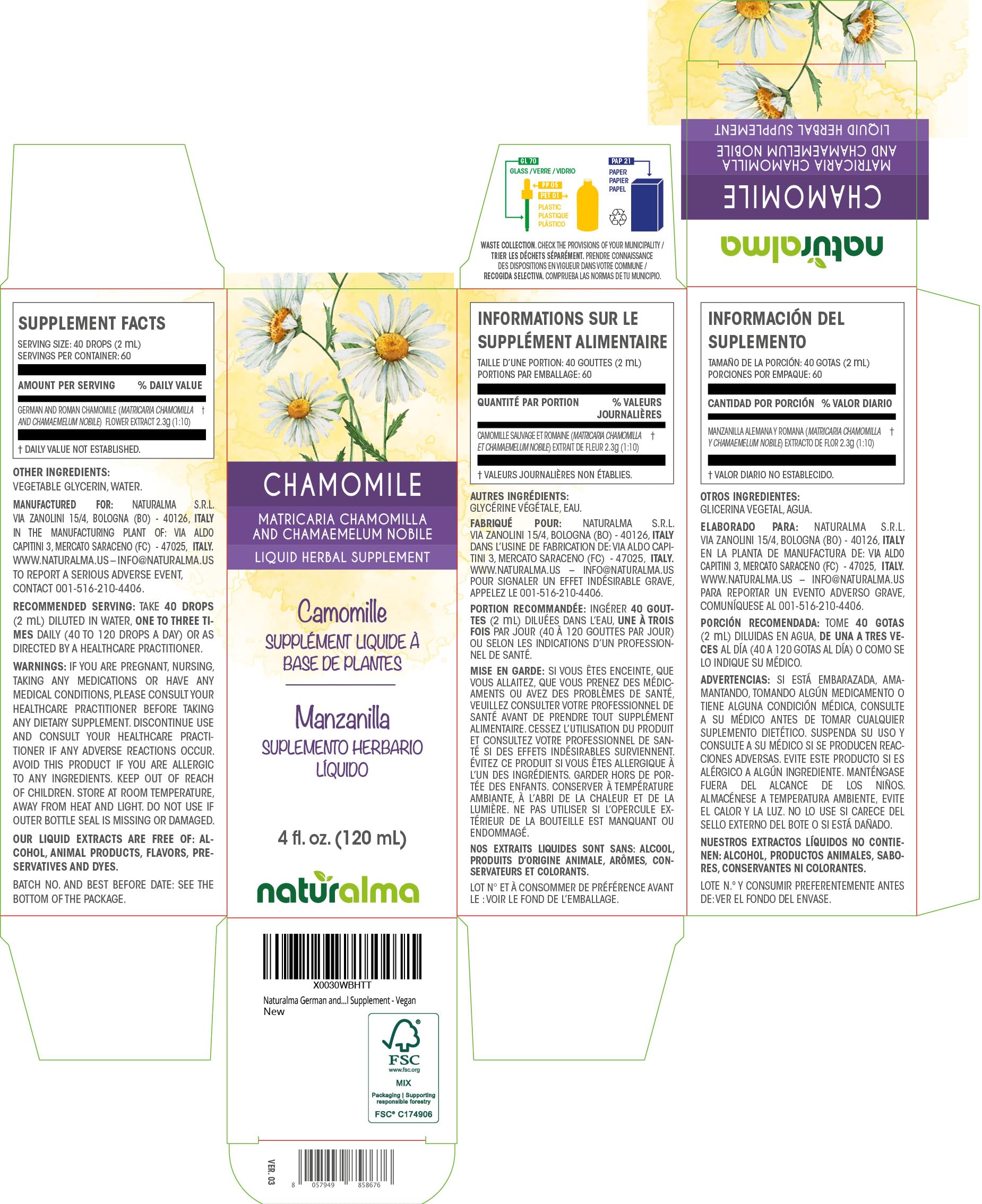 Close-up of chamomile tincture bottle and label