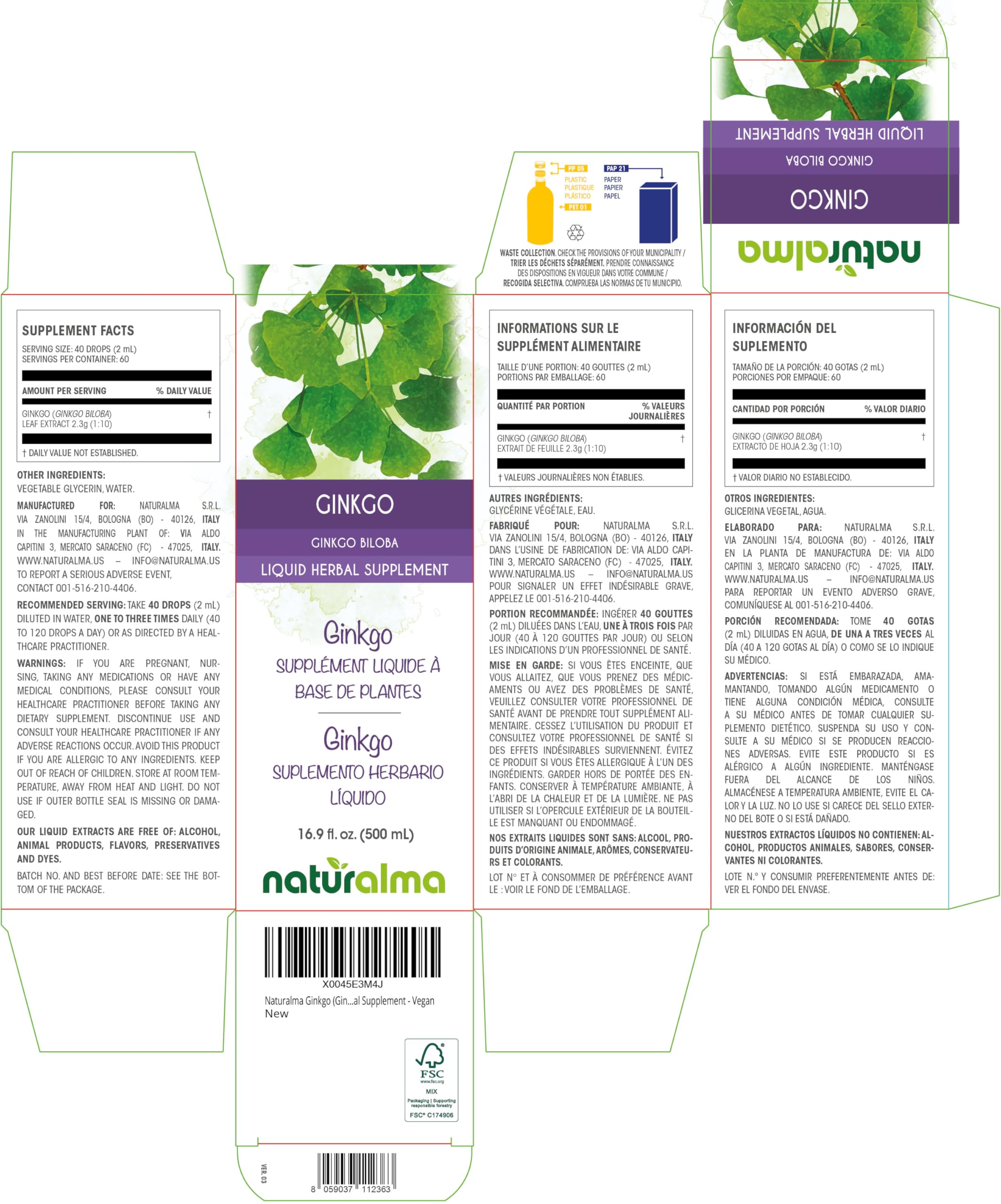 40 drops (2 ml) serving of Ginkgo extract 1:10