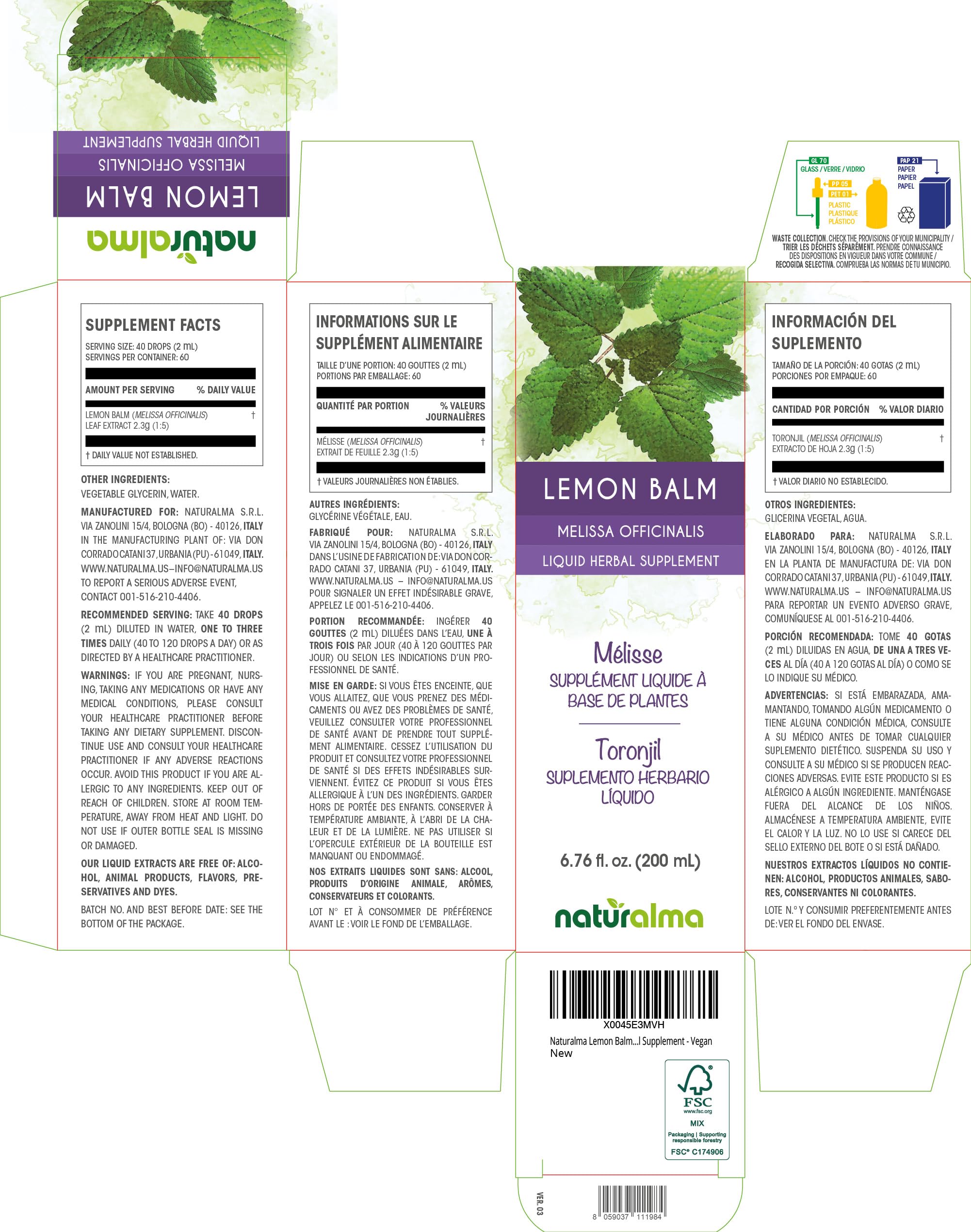 Naturalma Lemon Balm tincture bottle standing upright