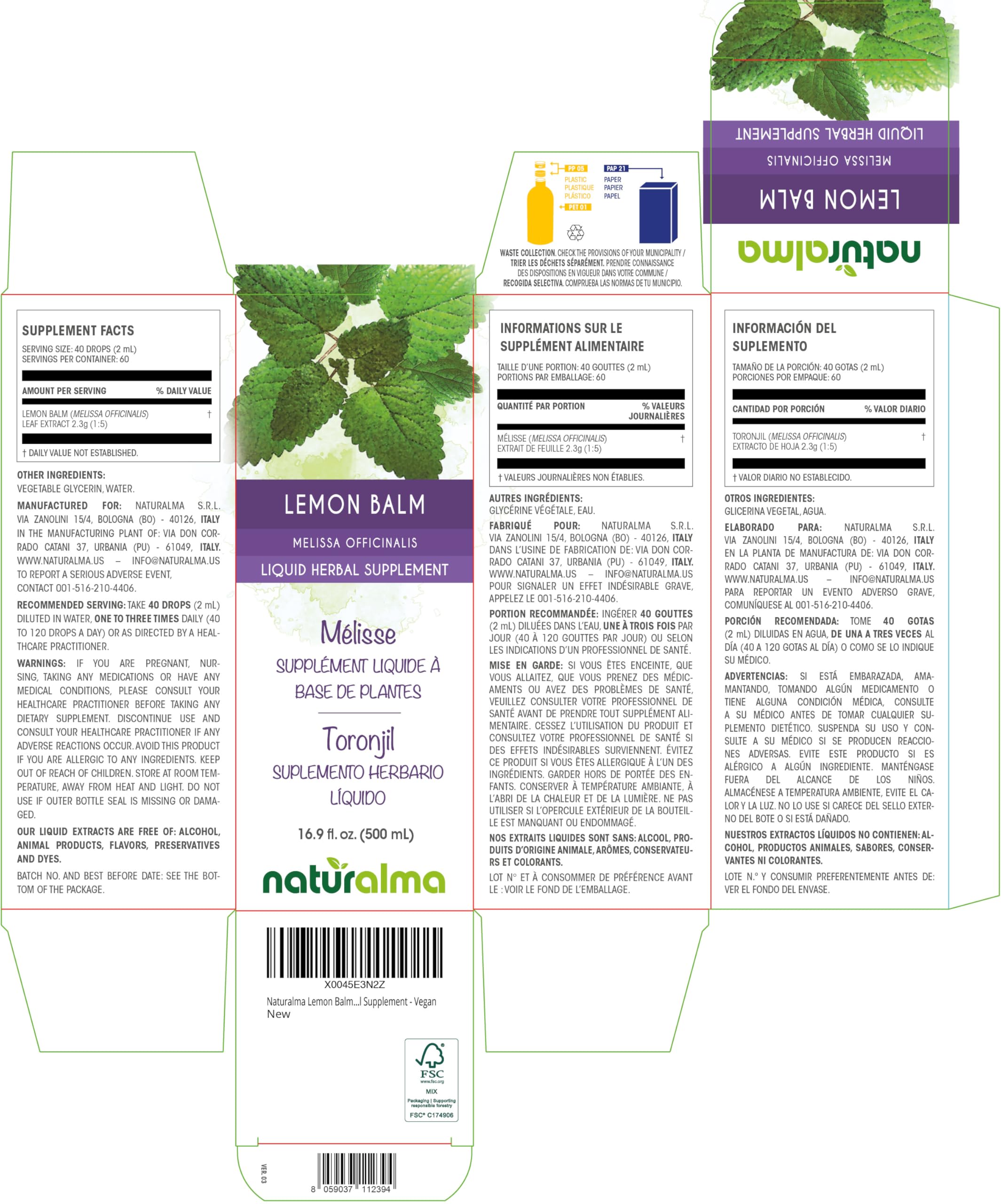 Close-up of Lemon Balm 1:5 tincture label