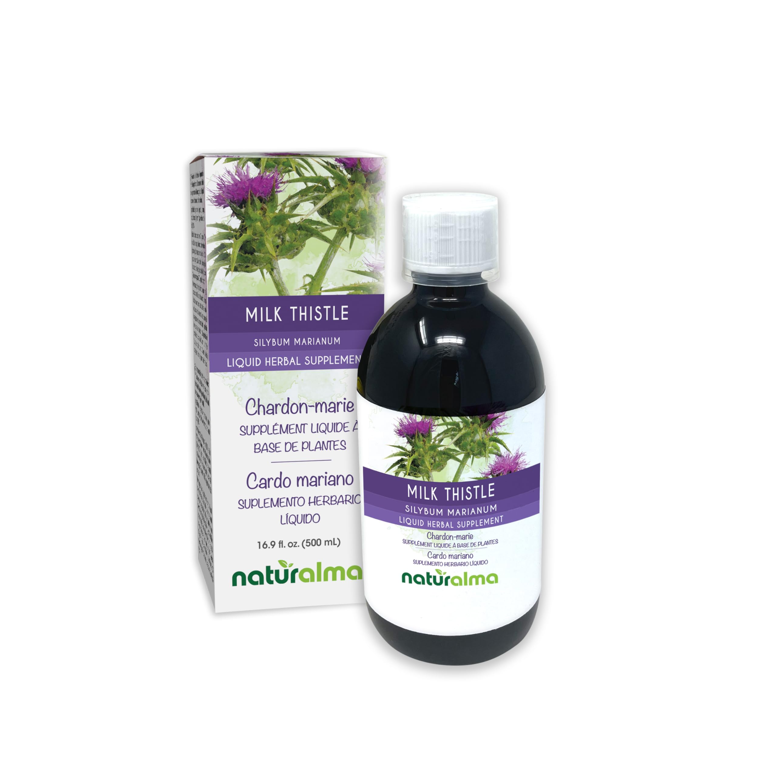 Front view of Naturalma Milk Thistle 1:10 liquid extract 500ml bottle