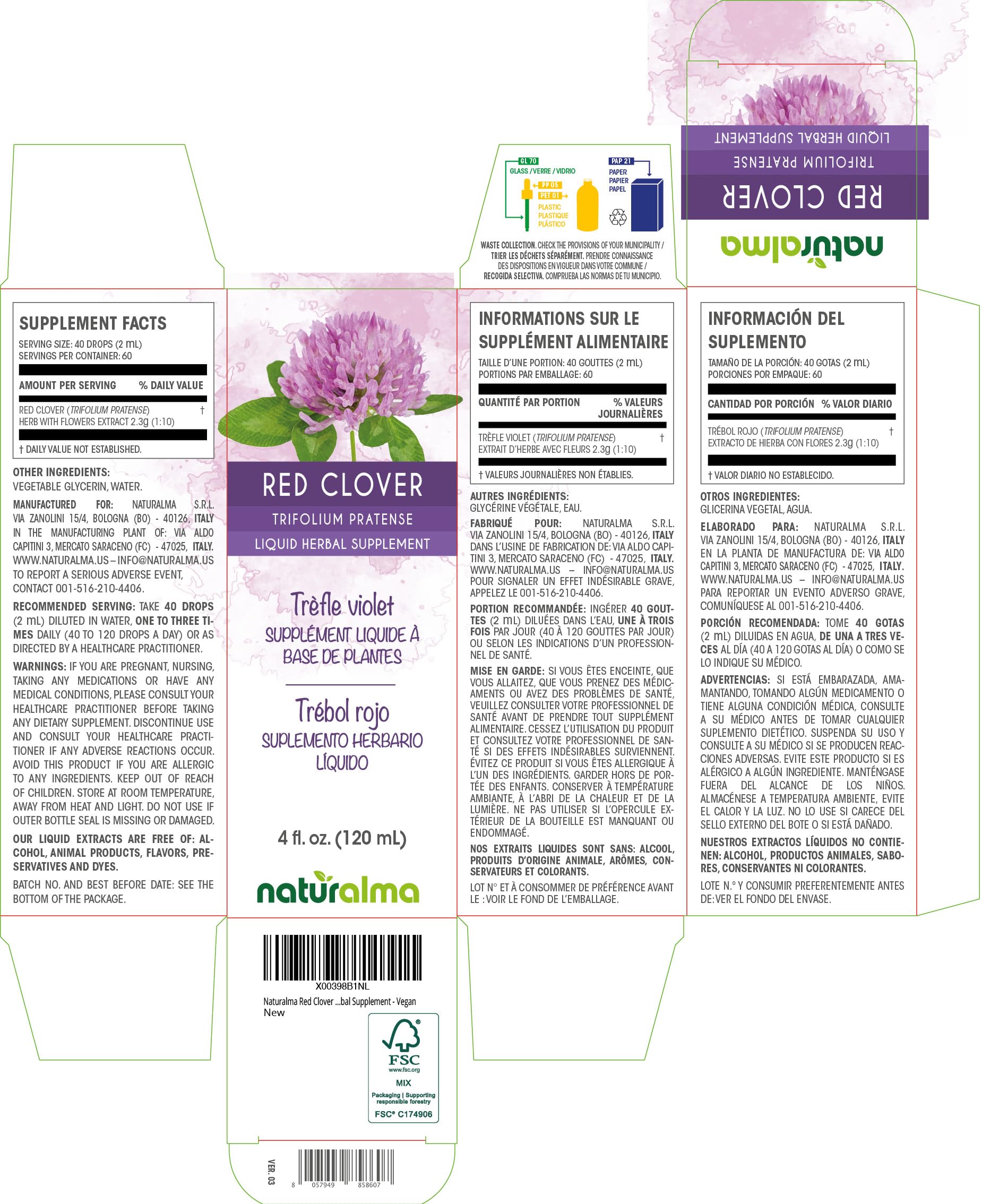 Liquid extract in drops of red clover herb with flowers