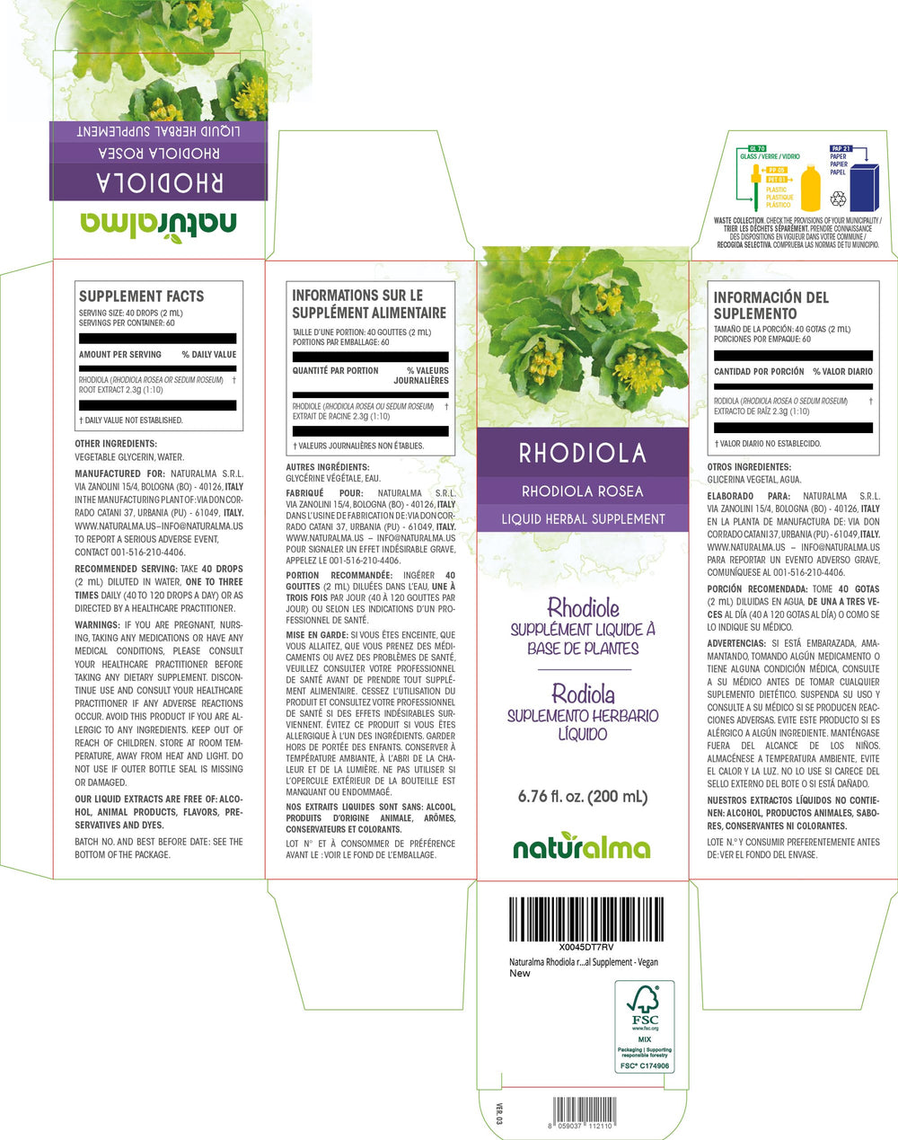 Rhodiola Rosea root liquid extract in 1:10 tincture with 40 drops (2 ml)