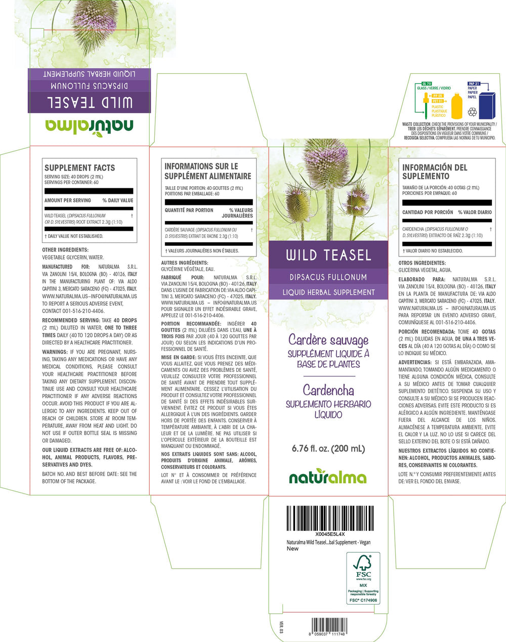 Close-up of Naturalma Wild Teasel tincture bottle label