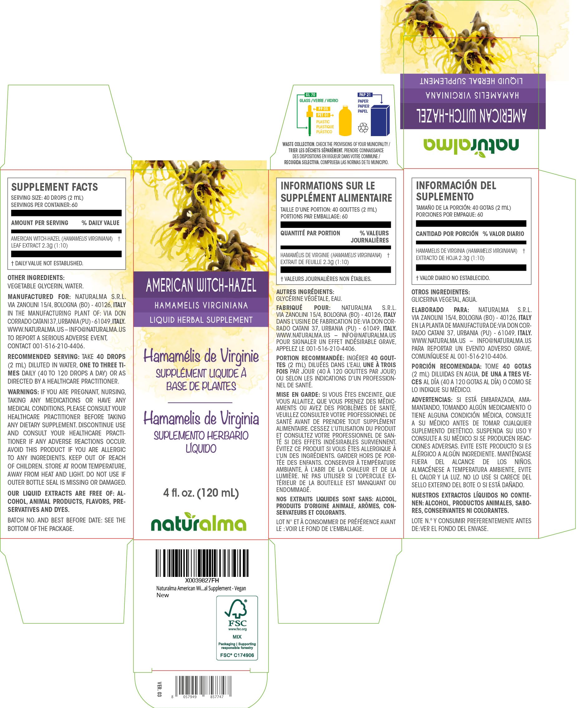Close-up of Naturalma Witch-Hazel tincture bottle label