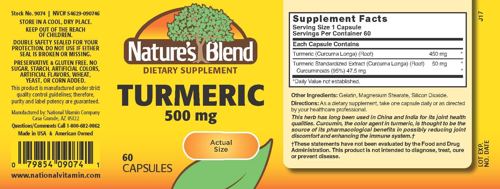 Nature's Blend Turmeric 500 mg 60 Capsules bottle back label