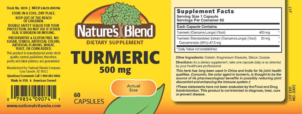 Nature's Blend Turmeric 500 mg 60 Capsules bottle back label