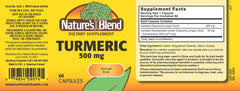 Nature's Blend Turmeric 500 mg 60 Capsules bottle back label