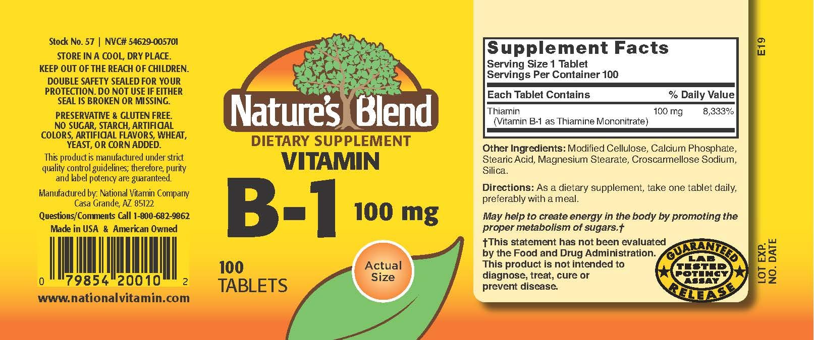 Label close-up of Nature's Blend Vitamin B-1 100MG 100-tablets supplement