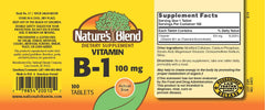 Label close-up of Nature's Blend Vitamin B-1 100MG 100-tablets supplement