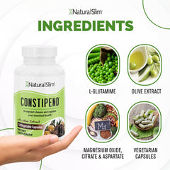 NaturalSlim Constipend ingredient list, highlights magnesium citrate and olive leaf.