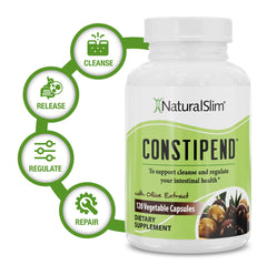 NaturalSlim Constipend packaging label, vegan and gluten-free formulation.