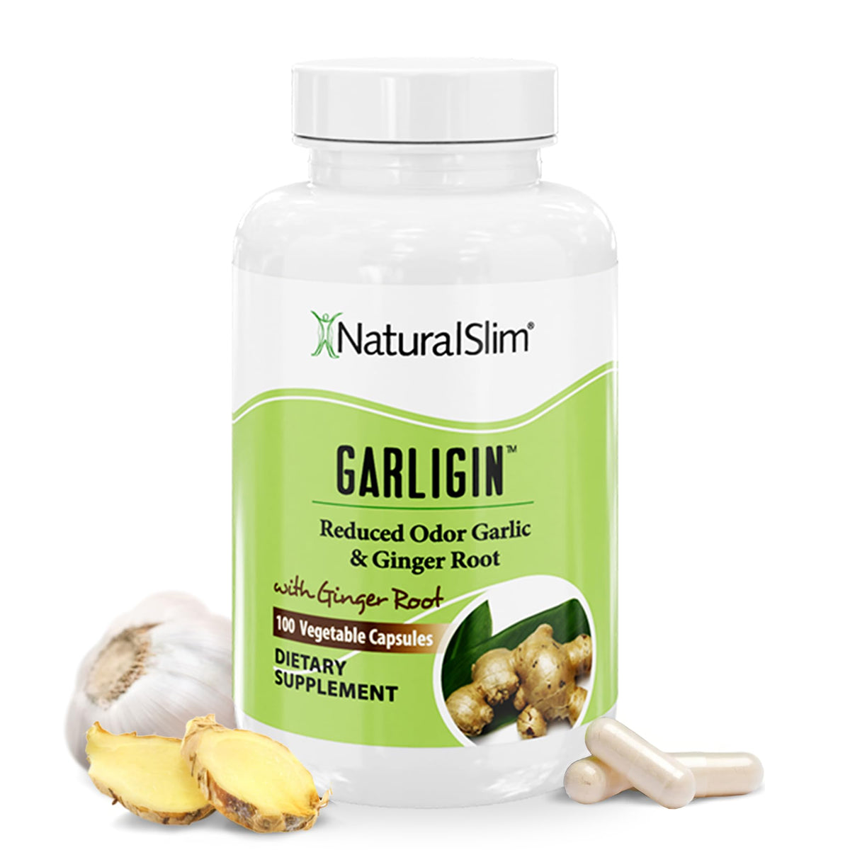 NaturalSlim Garligin odorless garlic supplement bottle with capsules