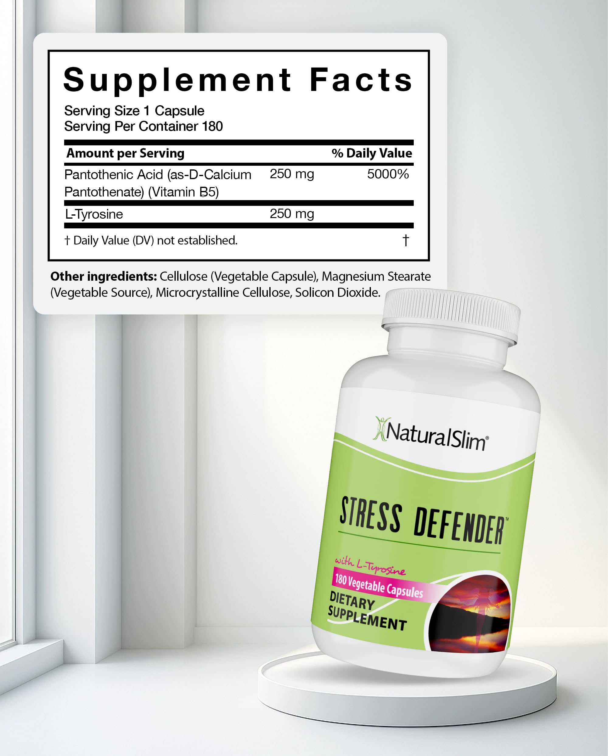 Naturalslim Stress Defender bottle side view with clear label for routine.