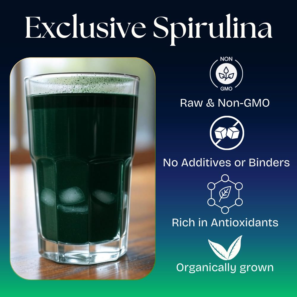 Non-GMO vegan spirulina product benefits icons