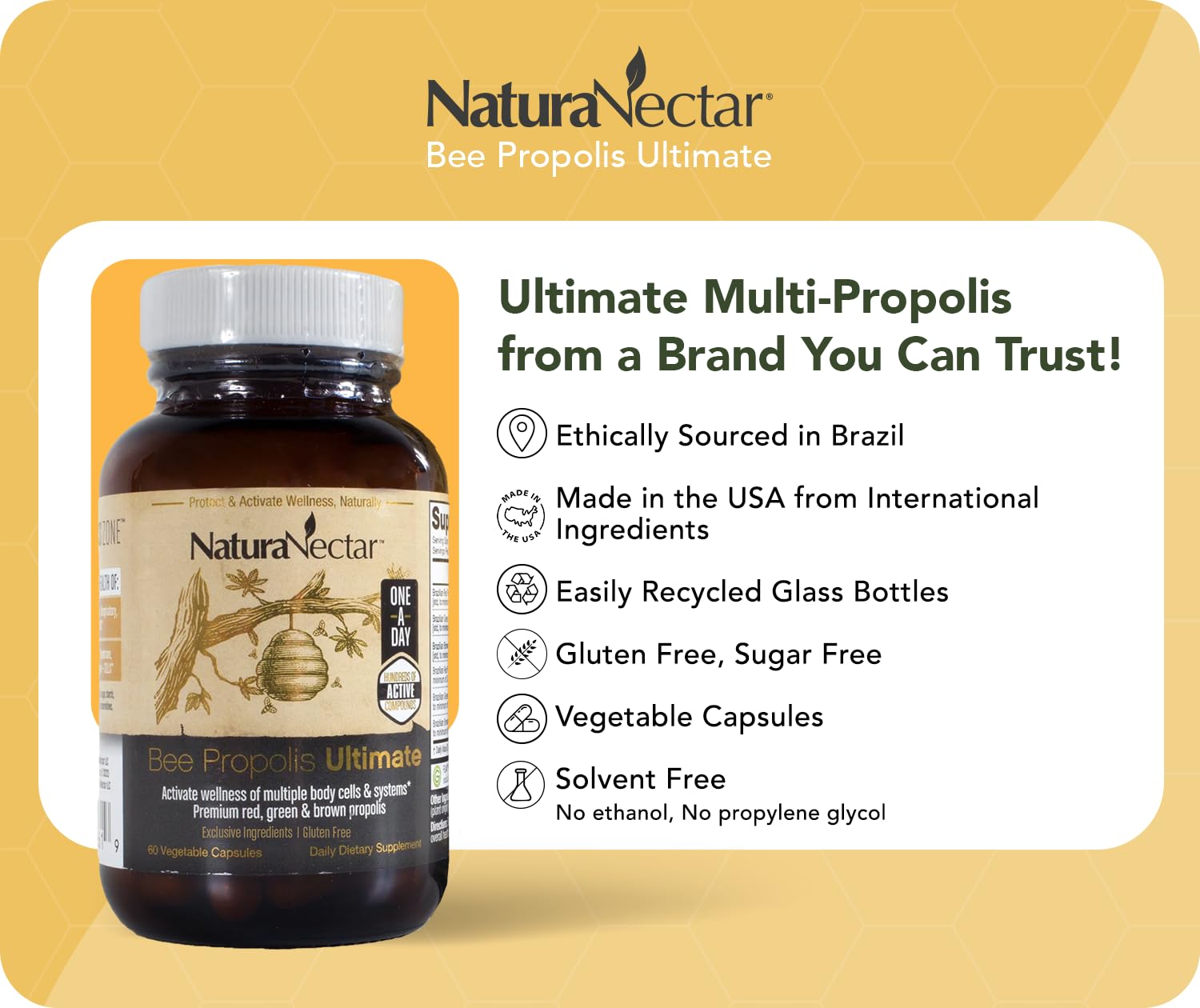 NaturaNectar Brazilian red-green-brown propolis blend with polyphenols for everyday vitality.